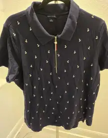 ​Tommy Hilfiger 1X Plus Navy Anchor Print 1/4 Zip Polo Shirt Y2K Nautical Women