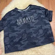 Rae Dunn Navy Camo NAMASTE Cropped Yoga Open Back Top M