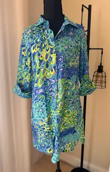 Lilly Pulitzer Lilly’s Lagoon Tunic Shirt Dress XS Blue Green Button Down Preppy