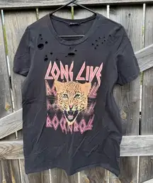 ZUTTER USA Distressed Graphic Tee Leopard Print Rock N Roll Black T Shirt Womens