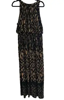 Soma Sleeveless Abstract Maxi Dress Black/Tan Keyholes Under Neckline Size XL