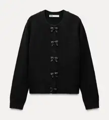 Zara Knit Crew Neck Sequin Bow Loose Fit Black Fuzz Cardigan Women’s Sz S
