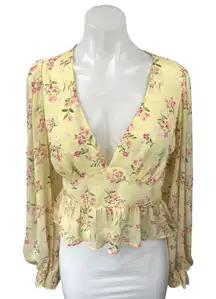 Lulus Womens Yellow Pink Floral Long Sleeve Deep V Neck Peplum Blouse Top Size M