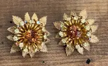 Vintage 50s Miriam Haskell Amber Rhinestone Gold Leaf Clip On Earrings Signed
