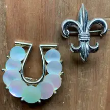 Vintage Brooches, Silver Fleur de Lis, Horseshoe, Lot of 2