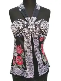 Cache Black White Silk Ruched Halter Top Built In Bra Side Zip Stretch $108 NWT