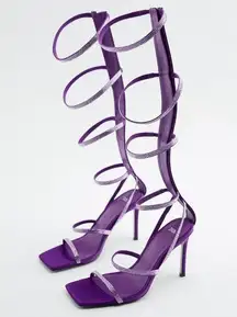 Zara RHINESTONE STRAP HIGH HEEL SATIN SANDALS Purple Size 10/41 NEW