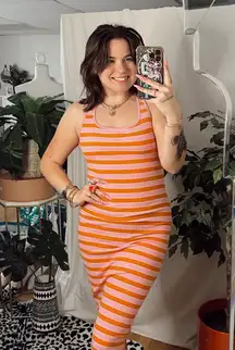 Zara Crossback Stripe Bodycon Midi Dress Pink Orange Size XS