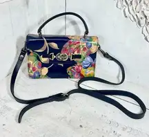 Patricia Nash Floral Print Leather Satchel Purse Crossbody Bag Winter Bloom Blue