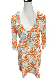 Mudpie Bag Lady Lightweight Linen Cinch Waist Coral & Teal Beach Dress Coverup