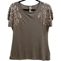 Kische Sequined Shortsleeve Top Beige Retro Gatsby Flapper Blouse 2010s Small S