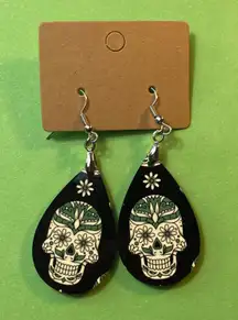 Sugar Skull, Green, Floral, Dangle Pierced Earrings