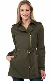 Michael Michael Kors Trench Coat Womens Medium Olive Belted Zip Pockets Epaulet