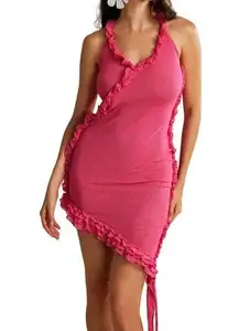 Micas Women's Small Raspberry Pink Sheer Mesh Ruffle Asymmetrical Mini Dress