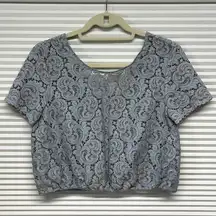 Zara Basic Light Blue Floral Lace Short Sleeve Cropped Top Size Small