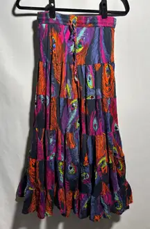 Vintage Bohemian Tiered Cotton Peacock Feather Print Maxi Skirt OS‎ Art Hippie