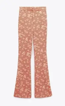 Pink and Cream Floral Checkered Patterned High Waisted Flare Pants size XS