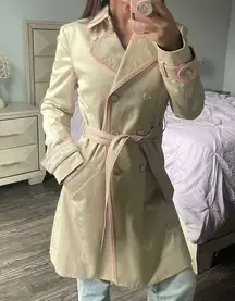 Coach  Tan Double Breasted Trench Coat With Pink Piping