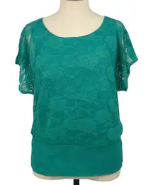 AB Studio Blouse L Green Lace Blouson Top Sheer Lined Overlay Banded Waist Chic