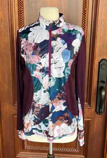 Colorful Floral Top Zip Neck Long Sleeve Pullover Womens Medium