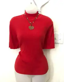 90s Red ribbed short sleeve mock neck turtleneck sweater top blouse shirt Size L-measurement in pics Necklace not included #whimsygoth #grunge #goth