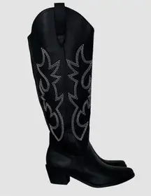 Black Faux Leather Boho Western Flame Stitched Cowboy Cowgirl Knee High Boots 8