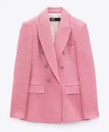 ZARA Pink Tweed‎ Textured Double Breasted Blazer Size XS