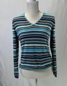 Eddie Bauer Striped V Neck Blue Olive Green Sweater Size M