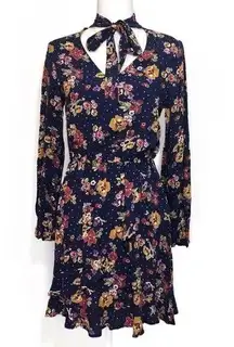 NEW Navy Blue Floral Long Sleeved Dress Pussybow