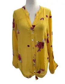 37-19 Fig & Flower Yellow Embroidered Long Sleeve Blouse Size L