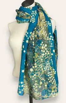 Long Floral Scarf‎ Dots Blue Textured Floaty Women 41x88 Art-to-Wear Boho Roses