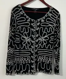 Once Again Black & White Embroidered Loops Button-Up – Size L