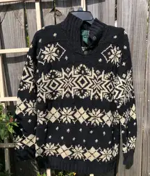 LAUREN RALPH LAUREN Black Hand Knit Linen/Cotton Snowflake Sweater S