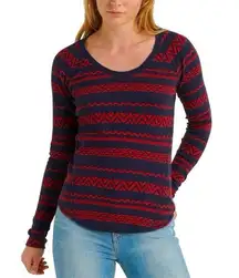 LUCKY BRAND Woven Navy & Red Fair Isle Knit Top Lightweight Thermal Tee
