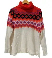 Aerie Sweater Women Medium Red Pink Fair Isle Turtleneck Fuzzy Ski Snow Preppy