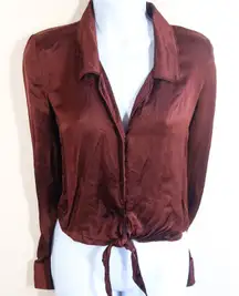 Wilfred Aritzia Satin Tie Front Button Up Shirt Blouse XXS Brown Business Casual