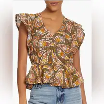 Sam Edelman Flutter Sleeve Peplum Top Paisley - Green and Orange. NWT