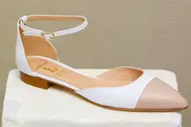 Luca Grossi White & Beige Leather d’Orsay Ankle Strap Flats, Size 38.5
