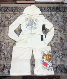 Ed Hardy Y2K Velour Tracksuit Set – Tattoo Graphic Hoodie & Pants ( new) 