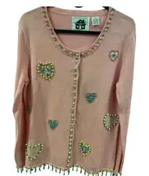Storybook Knits Embellished Cardigan Pink Heart‎ Beaded Cottagecore Sweater