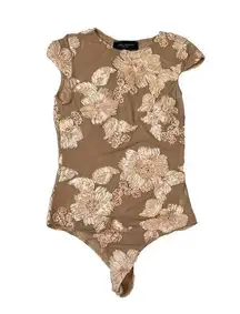 Akira Chicago Black Label Floral Applique Sheer Short Sleeve Bodysuit Sz Sm Nude