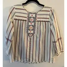 A Loves A Embroidered Peasant Blouse Button Back Red/White/Blue Women Small Boho