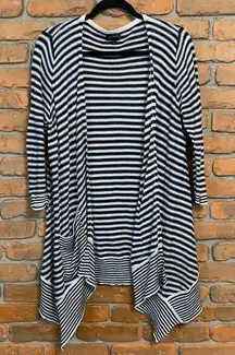 The Limited Womens Large Cardigan Navy White Striped Open Asymmetrical Hem‎ Knit