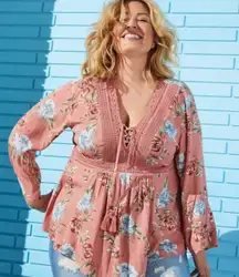 Desert Sand Floral Crinkle Gauze Babydoll Top