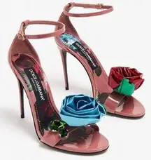 Dolce & Gabbana Keira Patent Leather Floral Ankle Strap Sandals Pink Women Sz 38