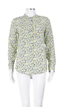 Equipment Femme Micro Floral Print Collarless Blouse Blue and Yellow Size XS
