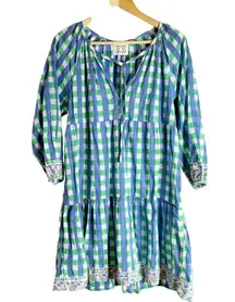 SZ Blockprints Priya Stem Green Blue Gingham Tiered Tie Neck Mini Dress Size M