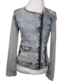 American Rag Blue Acid Wash Distressed Denim Front Zip Fitted Jacket Size Medium