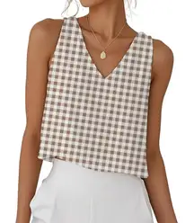 Gingham V-Neck Cropped Sleeveless Tank Top Brown Checkered Blouse M - NEW
