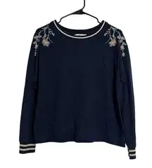 Floral Embroidered Navy Blue Knit Sweater Crew Neck Nice Sweater M